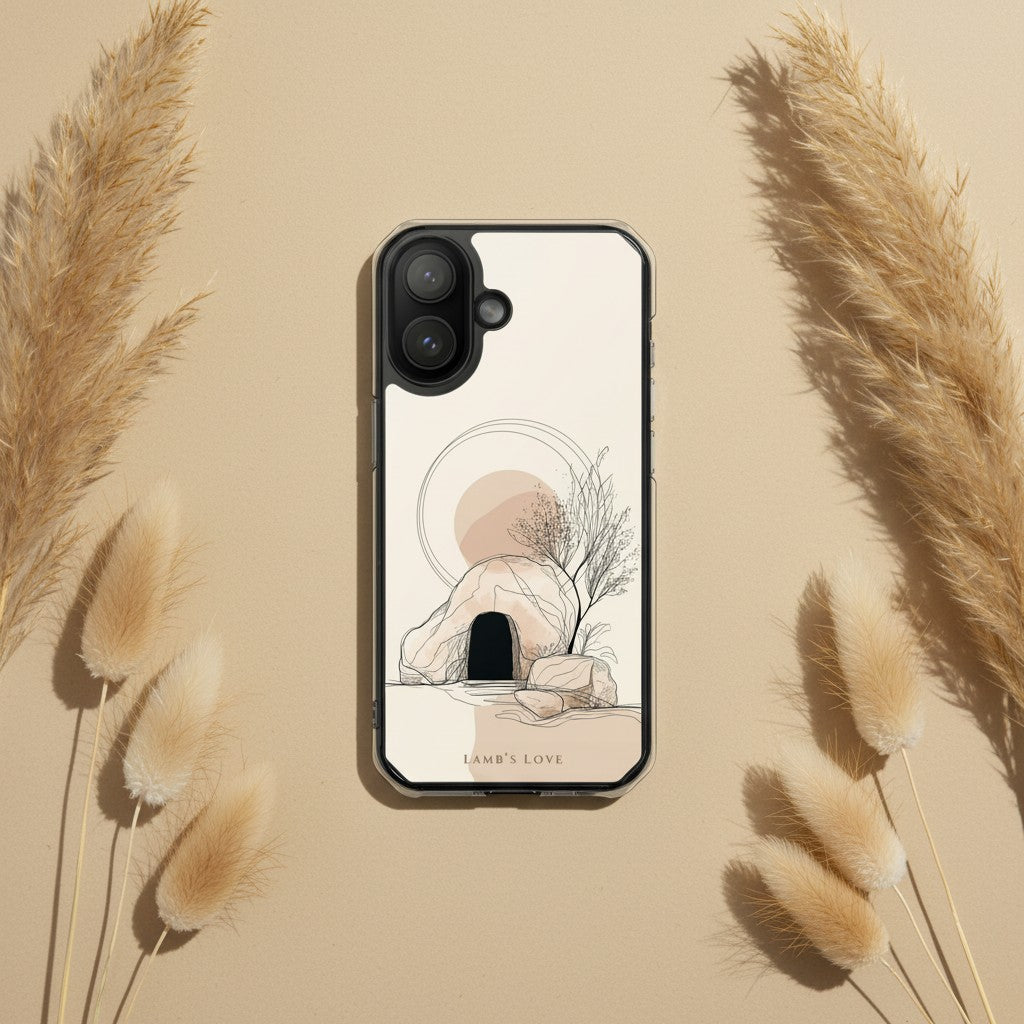 Empty Tomb Christian MagSafe iPhone case on beige background with pampas grass and minimalist resurrection-inspired neutral botanical aesthetic