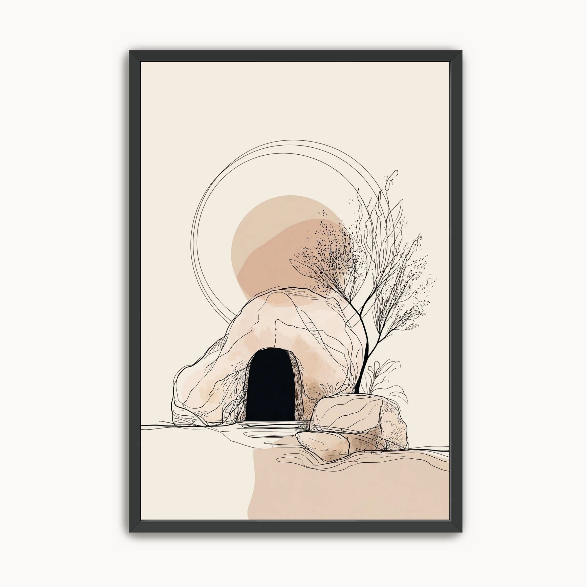 Framed minimalist Empty Tomb Christian wall art in beige and black, depicting the open tomb, rocks, a small tree, and rising sun.