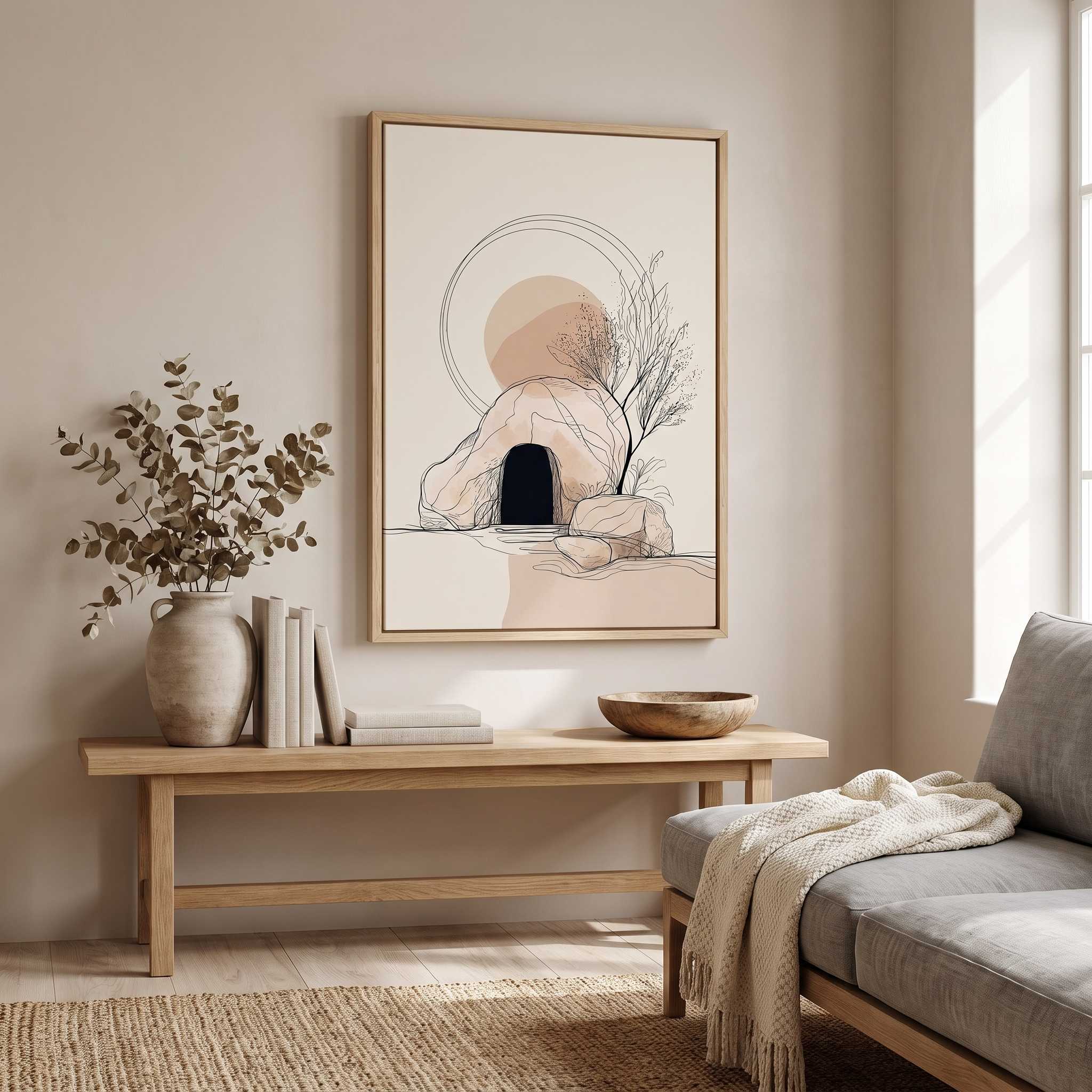Minimalist Empty Tomb Christian wall art displayed in a Scandinavian-style living room with neutral decor.