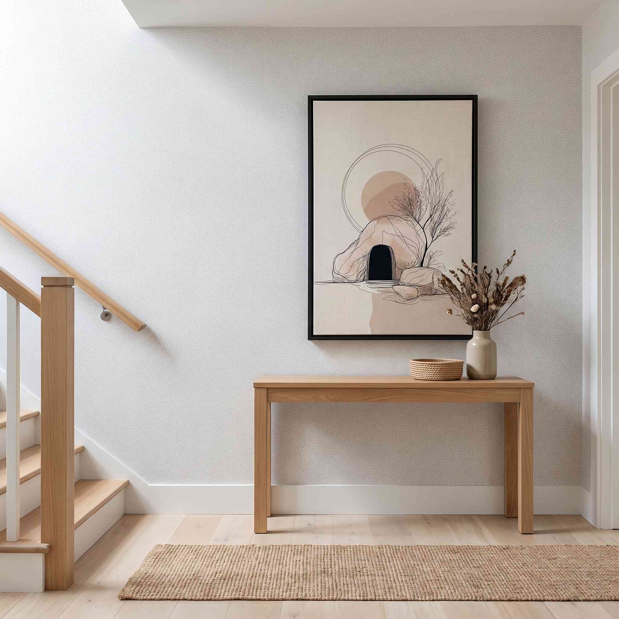Minimalist Empty Tomb Christian wall art displayed in a neutral Scandinavian staircase hallway.