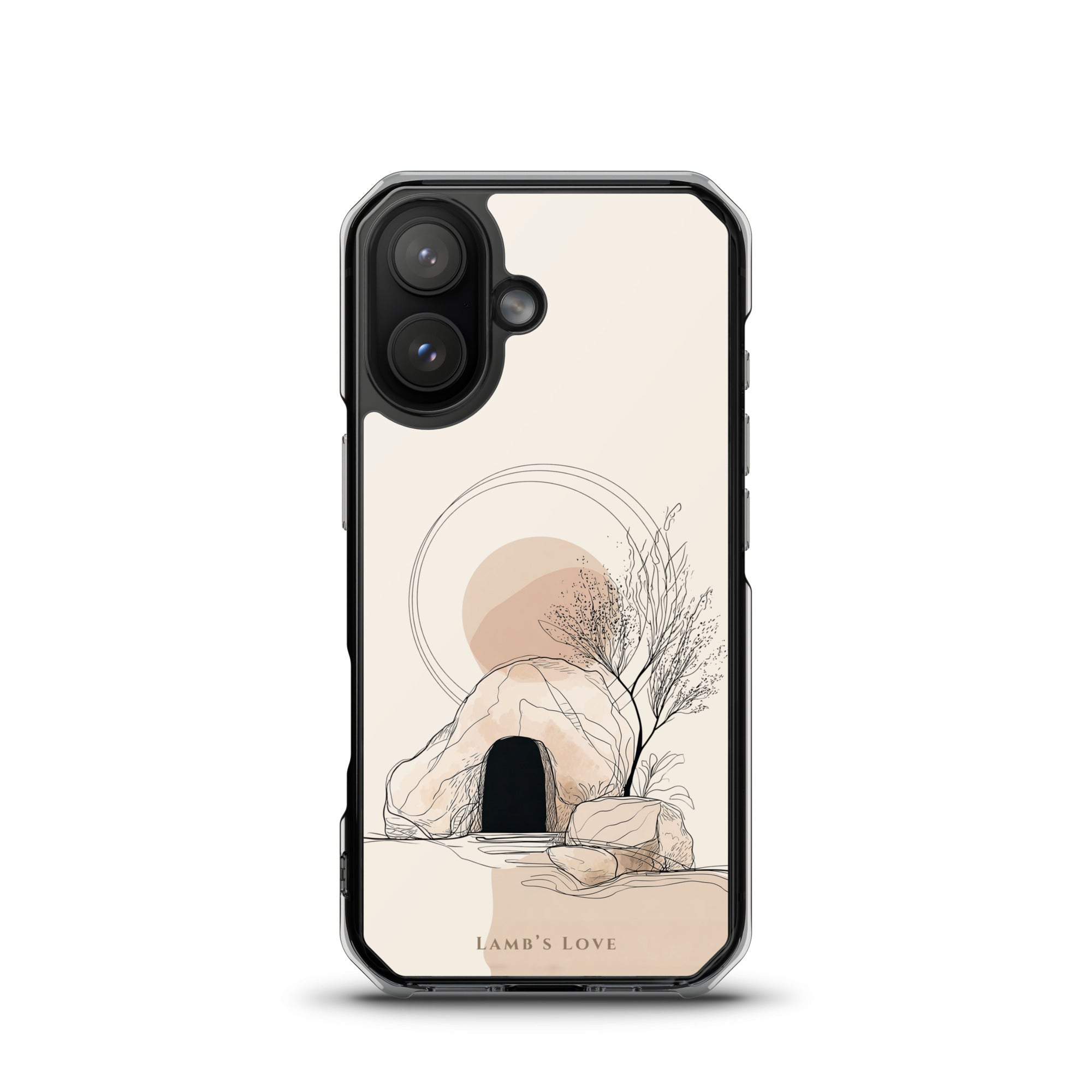 Minimalist Empty Tomb Christian MagSafe iPhone case featuring resurrection-inspired artwork with neutral beige aesthetic and He Is Risen theme