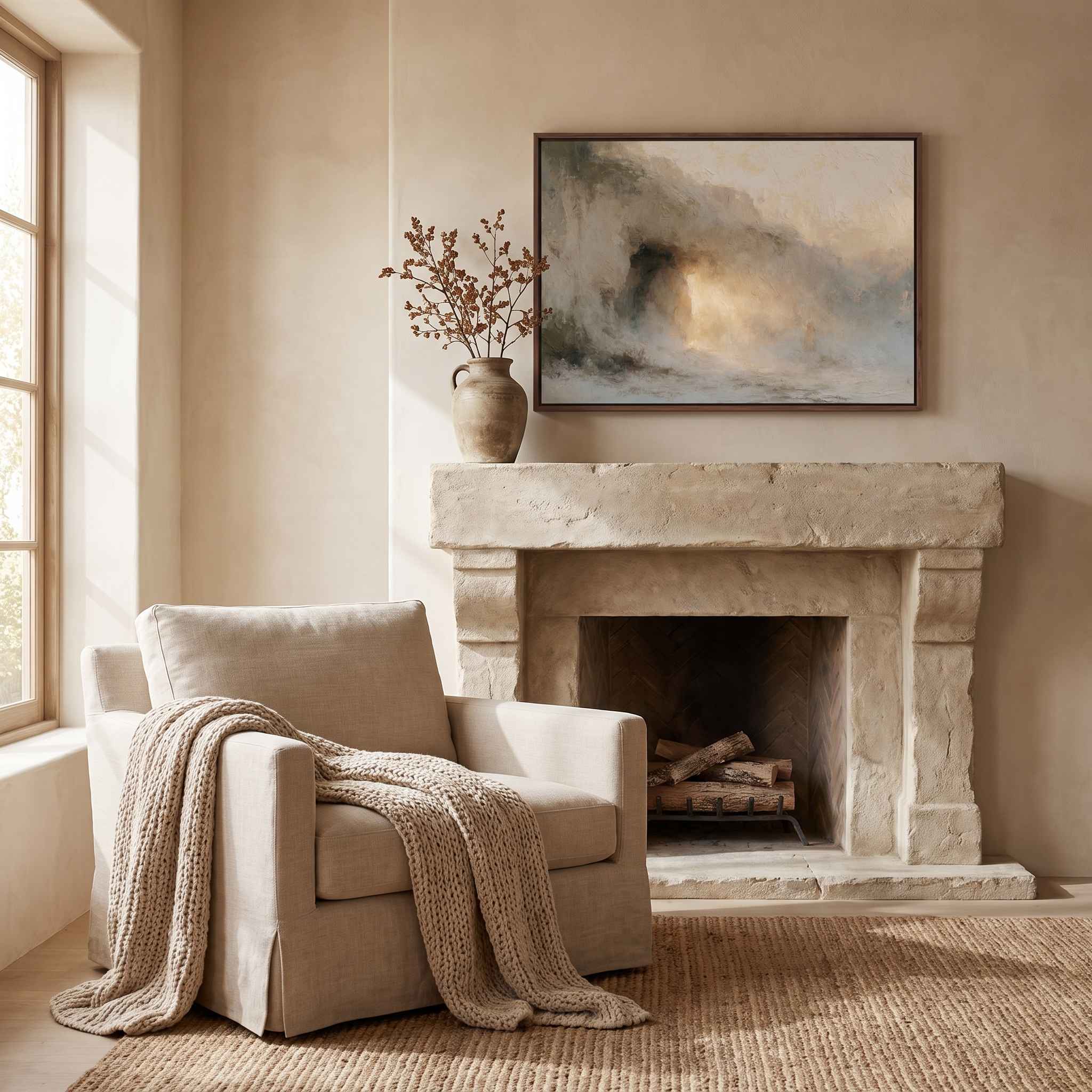 Framed abstract Empty Tomb Jesus Risen Christian landscape canvas wall art hanging above a rustic stone fireplace mantel with a beige armchair in a warm living room.