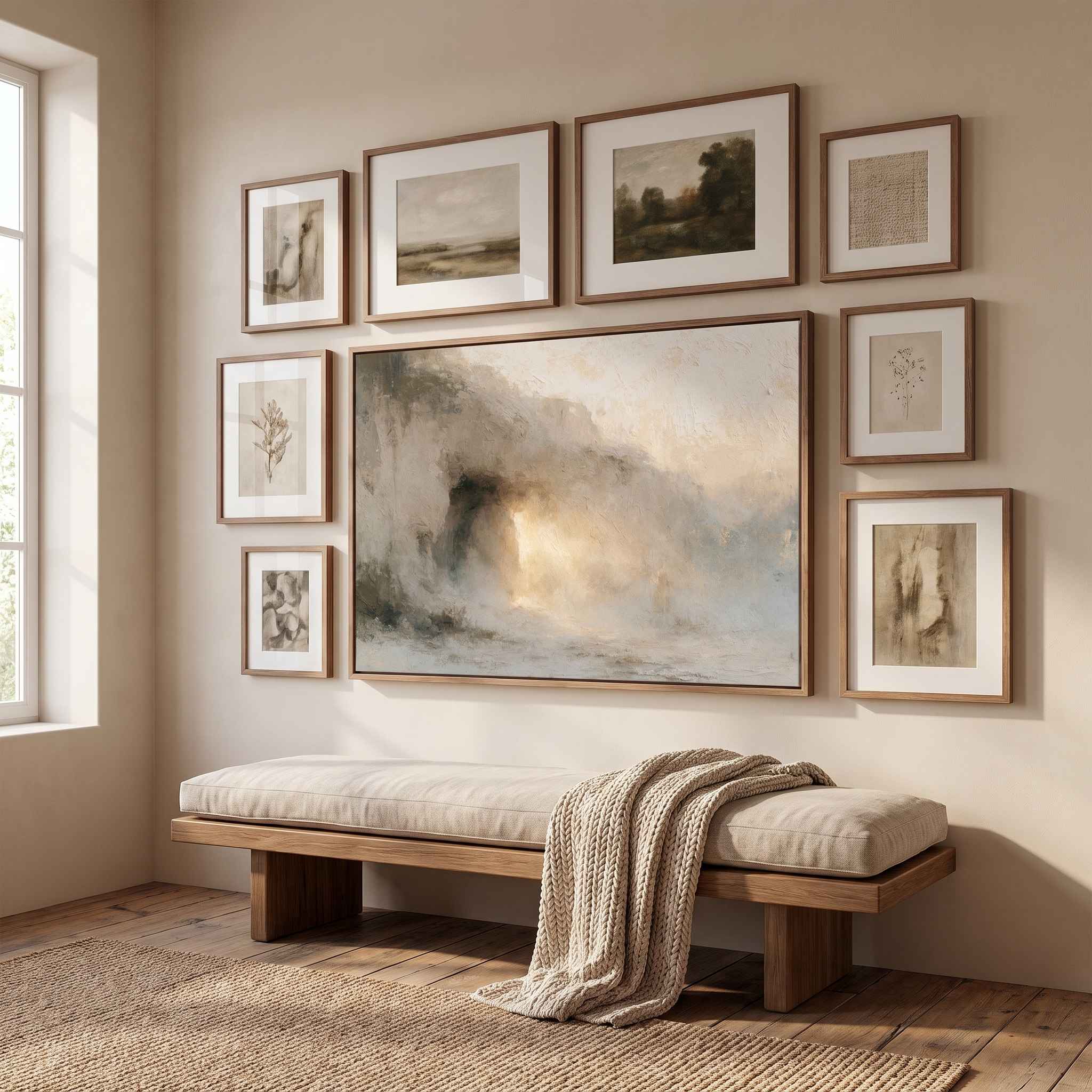 Framed abstract Empty Tomb Jesus Risen Christian landscape canvas wall art featured as a center piece in a gallery wall above a wooden bench with a beige cushion in a warm room.