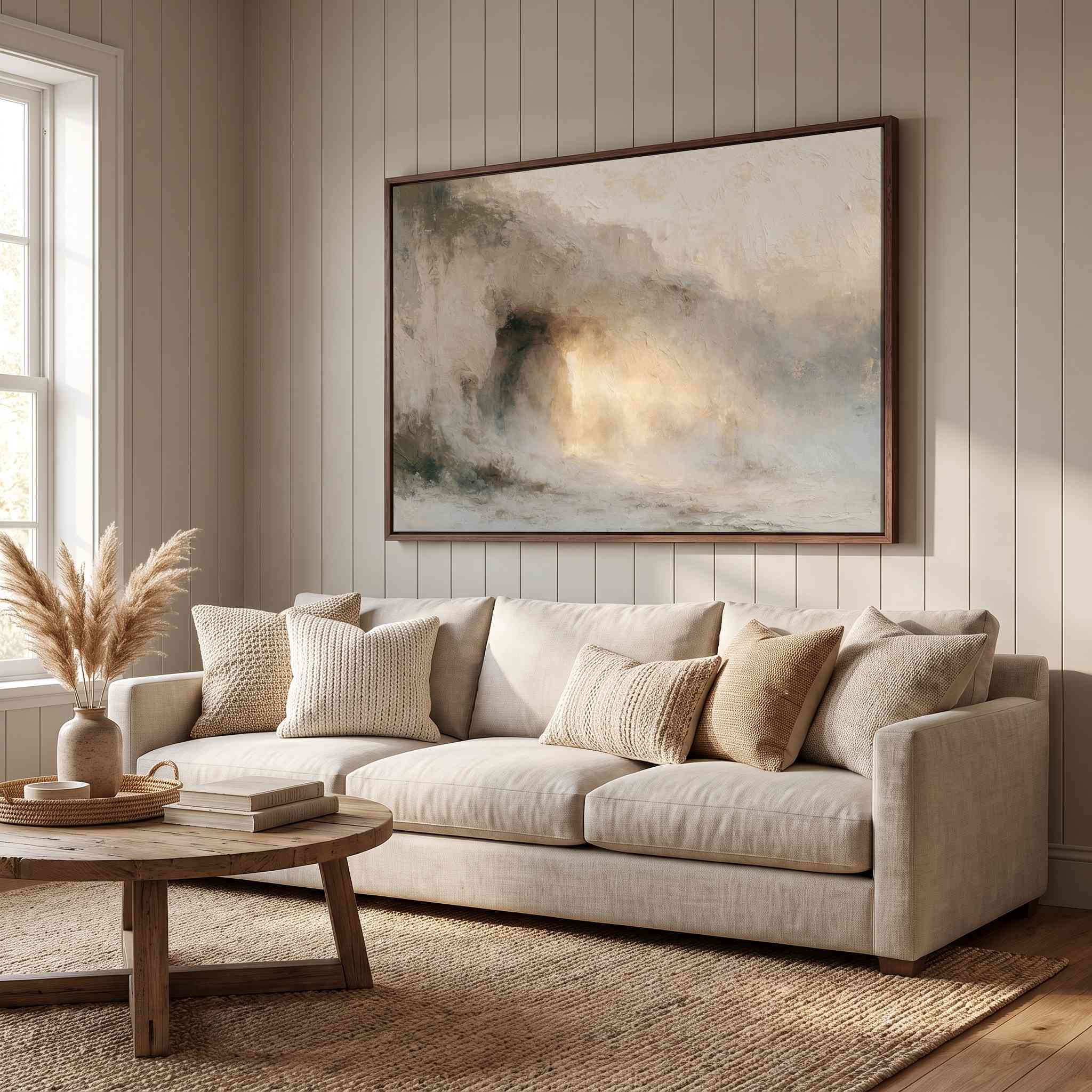 Framed abstract Empty Tomb Jesus Risen Christian landscape canvas wall art hanging on a vertical wood-paneled wall above a cream sofa in a bright modern living room.