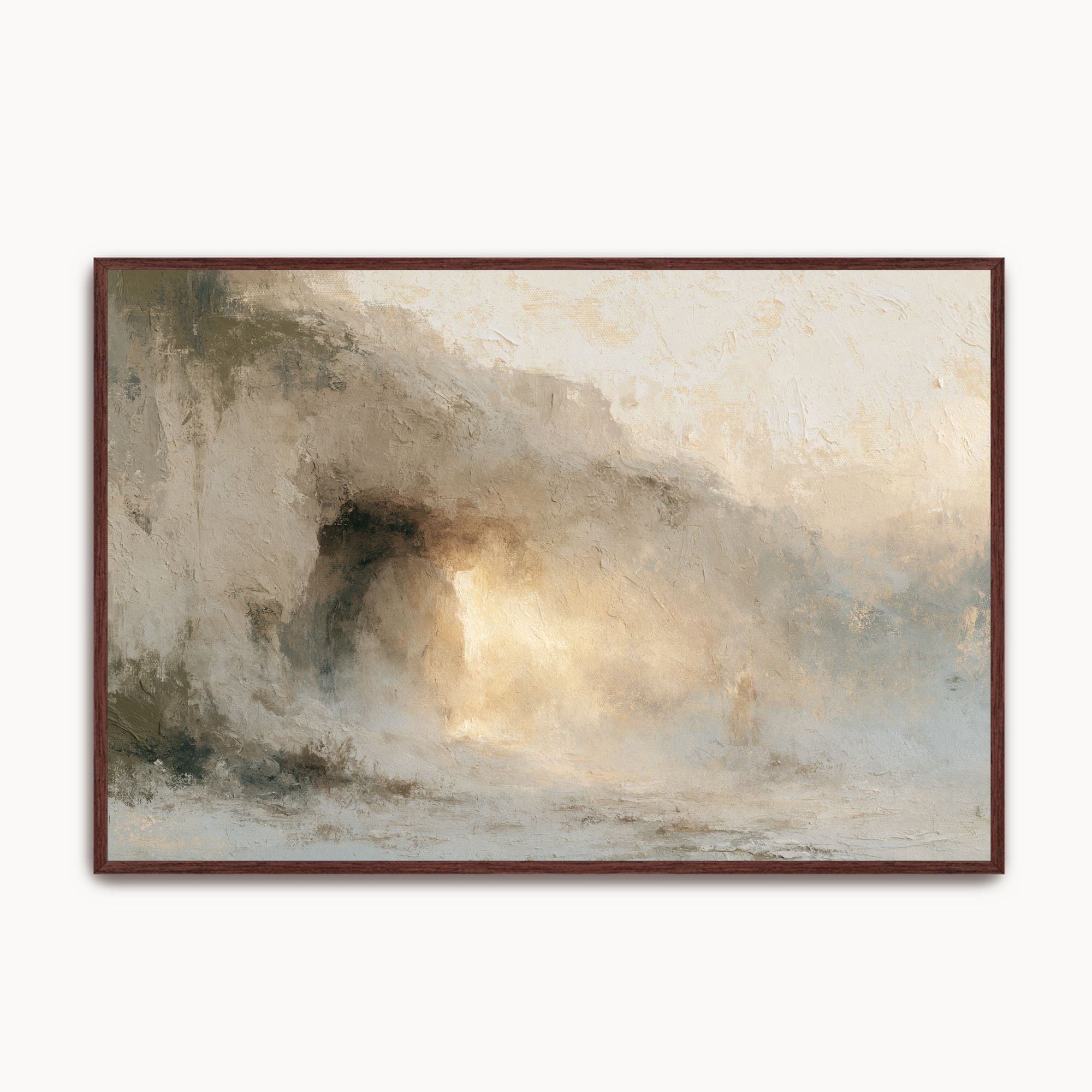 Abstract Empty Tomb Jesus Risen Christian wall art featuring a misty stone cave illuminated by golden light, printed on canvas in an espresso wood frame.