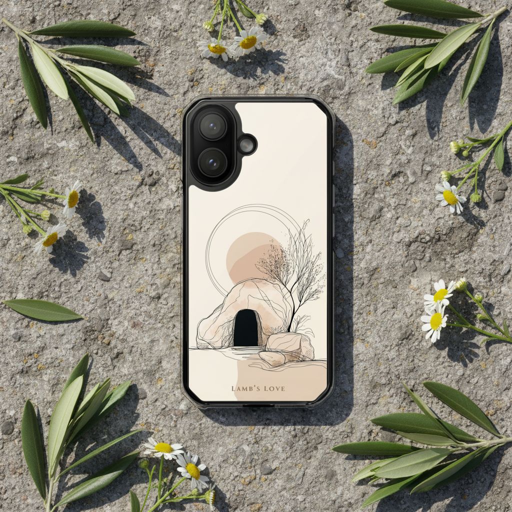 Empty Tomb Christian MagSafe iPhone case on natural stone surface surrounded by olive leaves and wildflowers with peaceful resurrection-inspired aesthetic