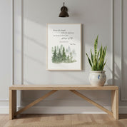 Proverbs 4:23 Christian wall art with misty pine forest, creating a peaceful and faith-centered atmosphere.