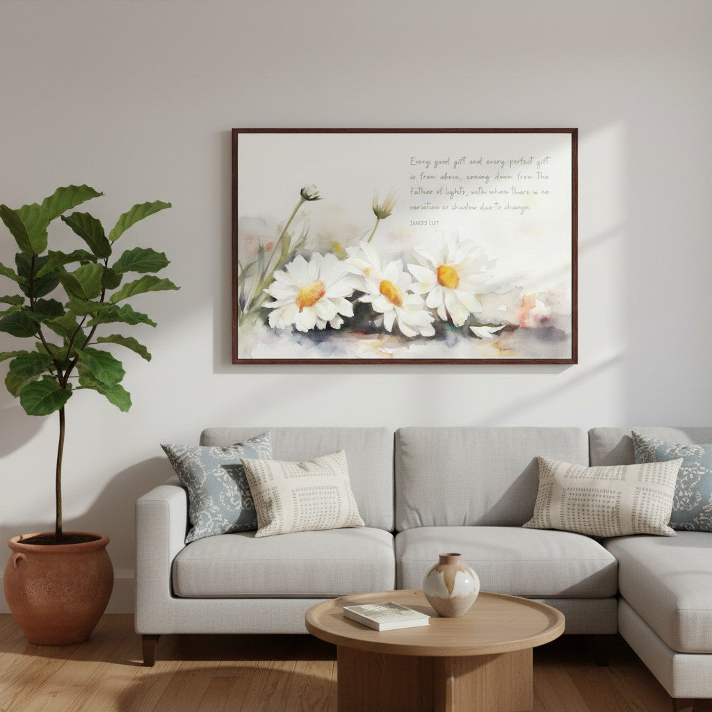 White daisies watercolor Christian wall art with “Every good and perfect gift” scripture from James 1:17 displayed above a modern sofa.