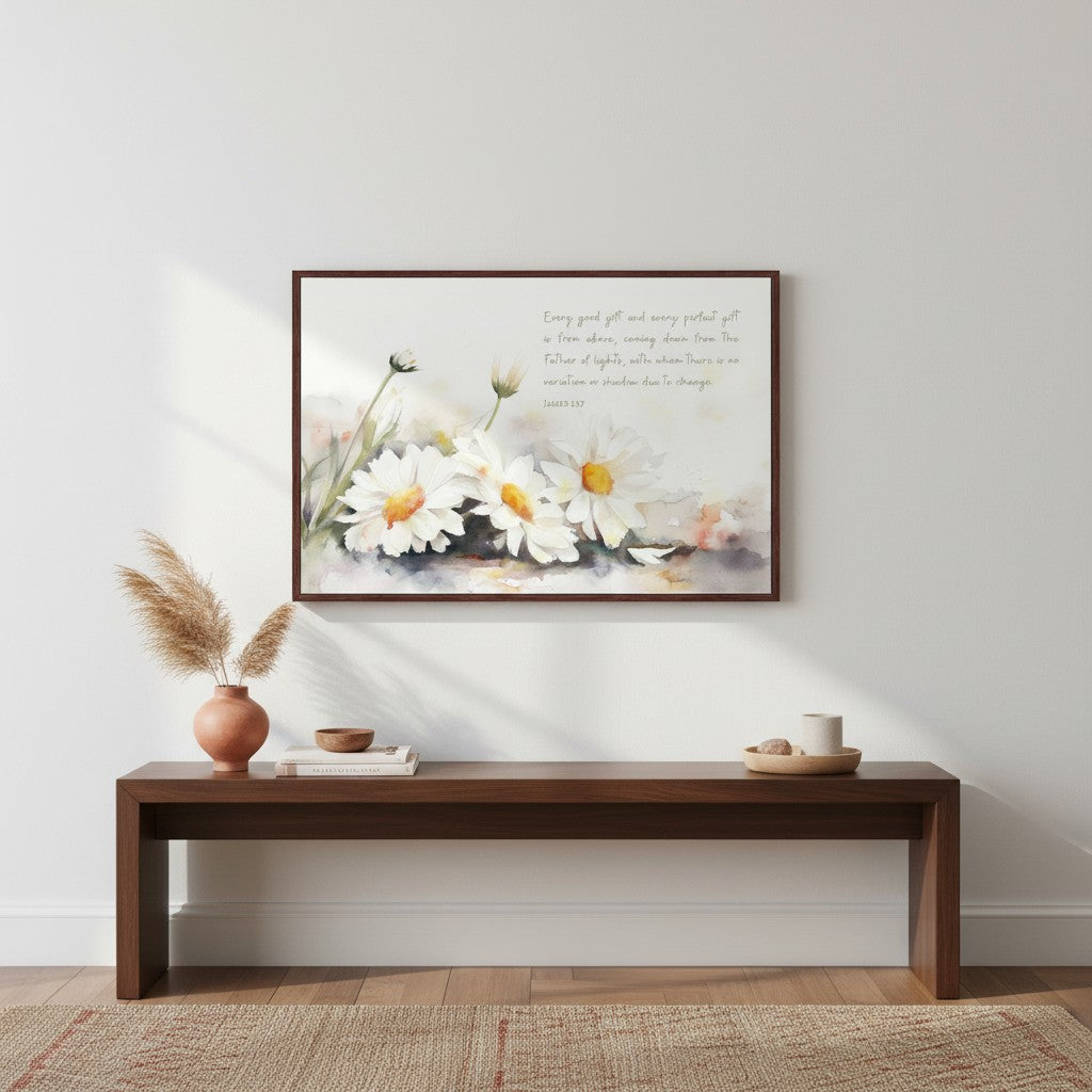 Every Good Gift Christian wall art featuring James 1:17 verse with watercolor white daisies in soft, earthy tones.