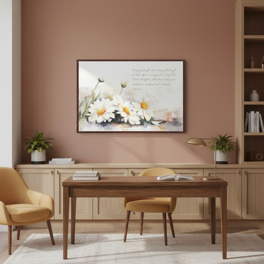 Every Good Gift, White Daisies Watercolor Scripture Wall Art, James 1:17