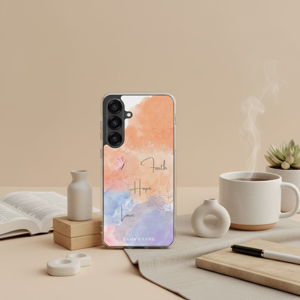 Faith Hope Love Christian Samsung phone case with watercolor floral design on a neutral desk next to a white coffee mug, open Bible, and succulent.