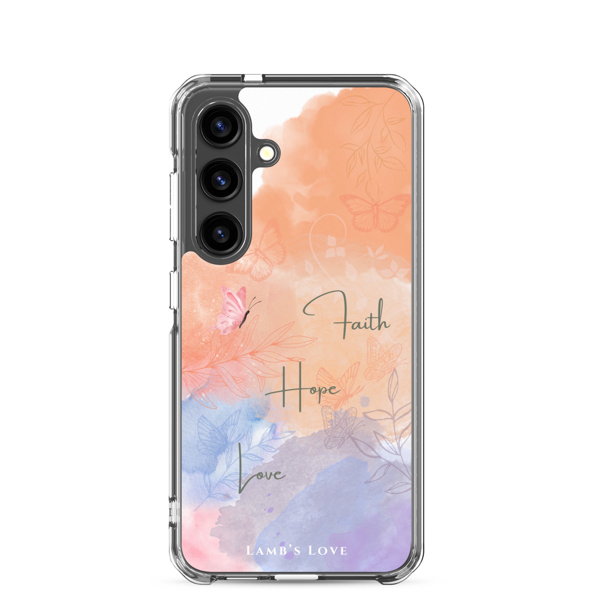 Faith Hope Love Christian Samsung phone case with soft watercolor floral design in pastel tones featuring inspirational Bible message on clear protective case