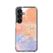Faith Hope Love Christian Samsung phone case with pastel watercolor floral design in soft peach, blue, and lavender tones featuring inspirational faith message on clear case
