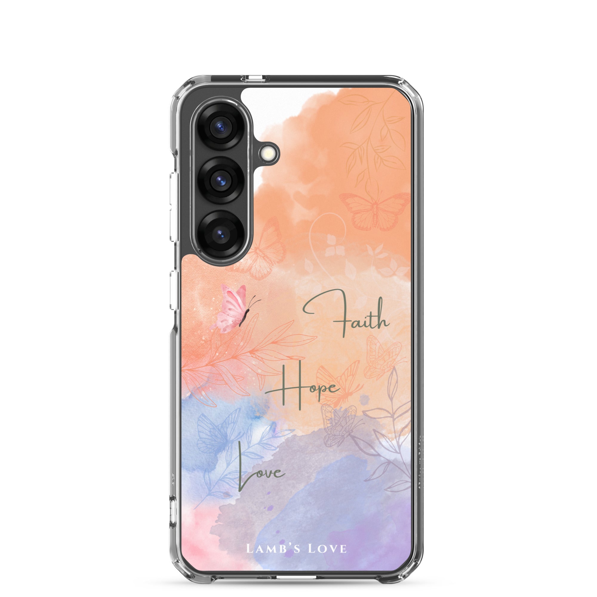 Faith Hope Love Christian Samsung phone case with pastel watercolor floral design in soft peach, blue, and lavender tones featuring inspirational faith message on clear case