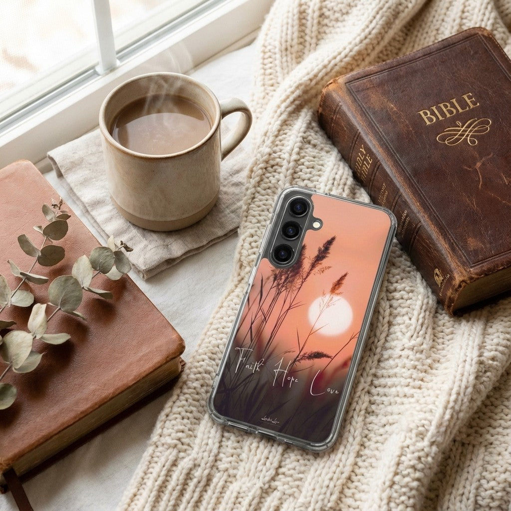 Samsung Galaxy phone case with sunset design on a surface with a mug, books, and eucalyptus leaves.