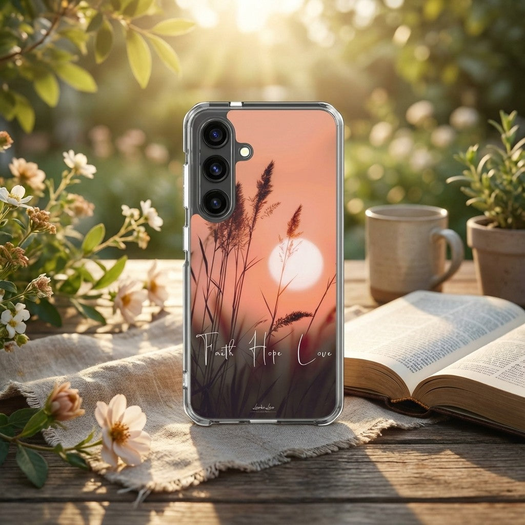 Samsung galaxy phone case with sunset design featuring 'Faith Hope Love' text, placed on a wooden table with flowers and an open book.