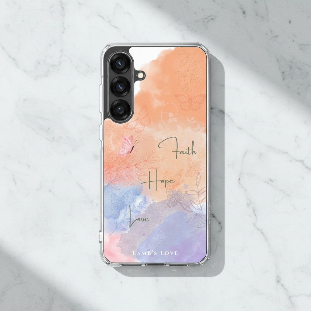 Faith Hope Love Christian Samsung Galaxy phone case featuring a pastel watercolor floral design with peach and lavender tones on a white marble background.
