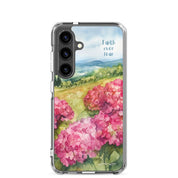 Faith Over Fear Christian Samsung Galaxy S24 phone case with pink floral landscape design and blue sky background featuring inspirational faith message on clear protective case