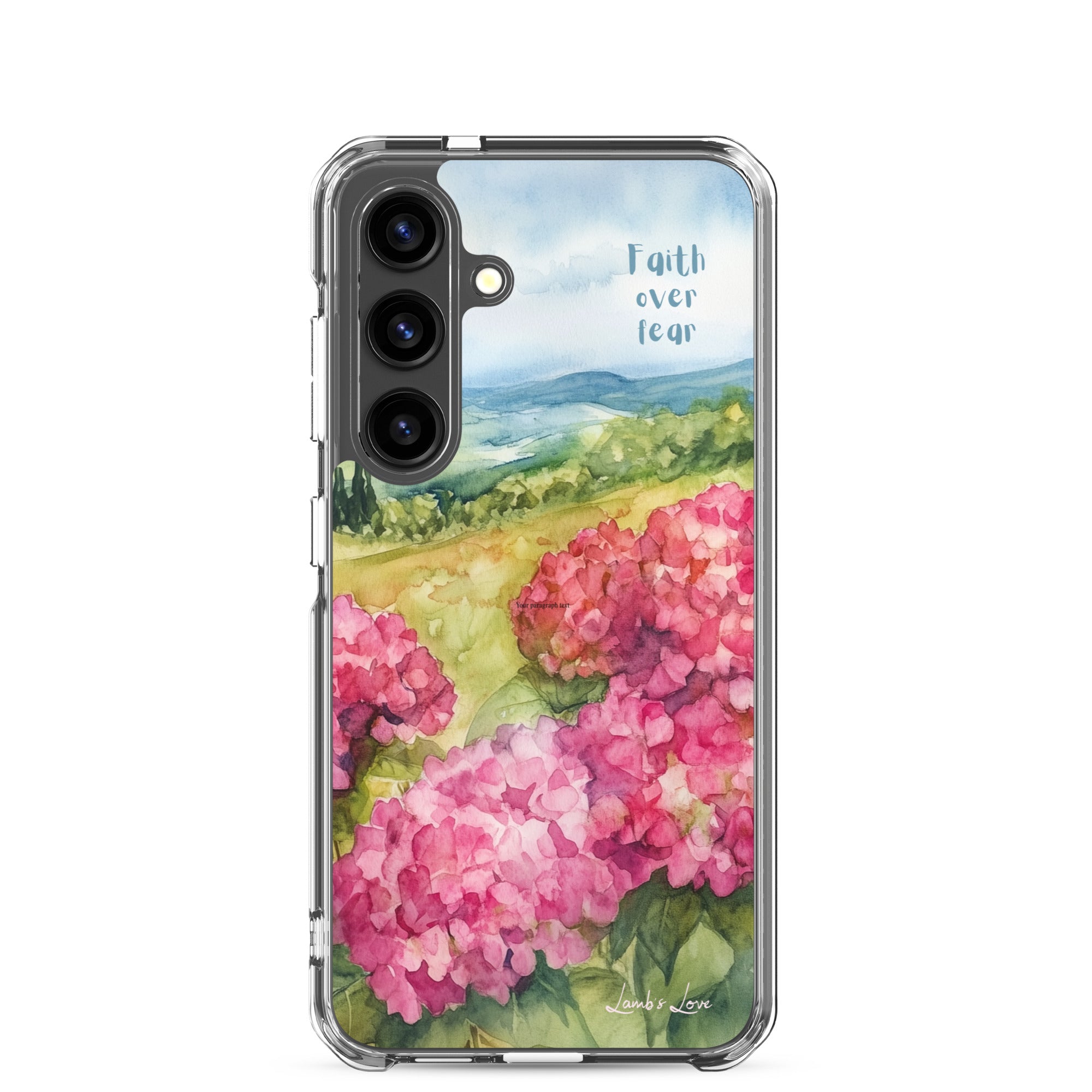 Faith Over Fear Christian Samsung Galaxy S24 phone case with pink floral landscape design and blue sky background featuring inspirational faith message on clear protective case