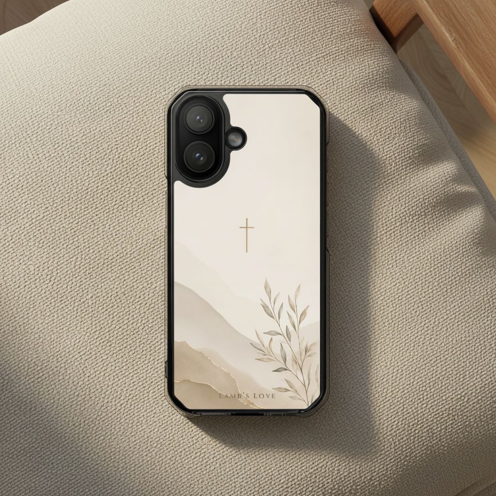 Faith Over Fear MagSafe® clear iPhone case featuring a minimalist Christian cross with soft neutral watercolor landscape and botanical artwork displayed on a textured beige sofa in a warm modern Christian lifestyle setting