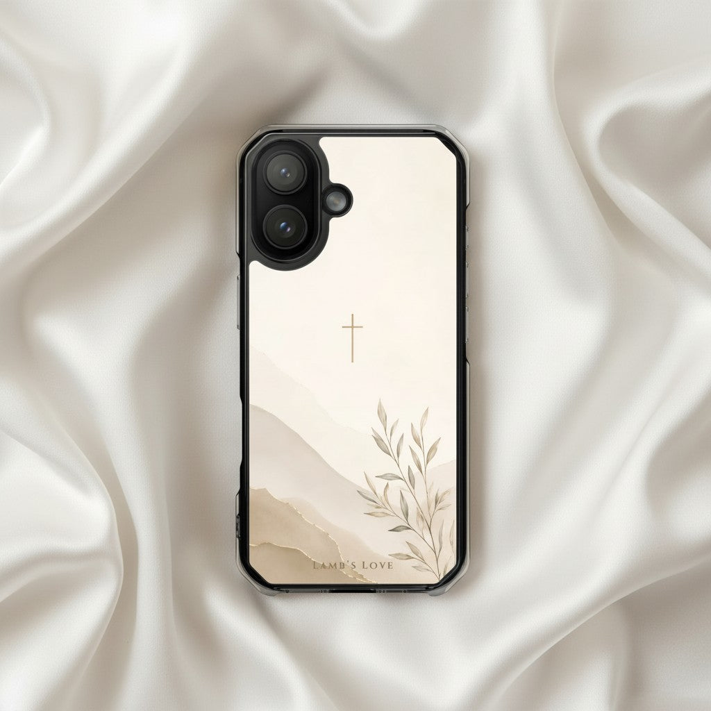 Faith Over Fear MagSafe® clear iPhone case featuring a minimalist Christian cross with soft neutral watercolor landscape and botanical artwork displayed on elegant white silk fabric in a modern neutral Christian aesthetic setting