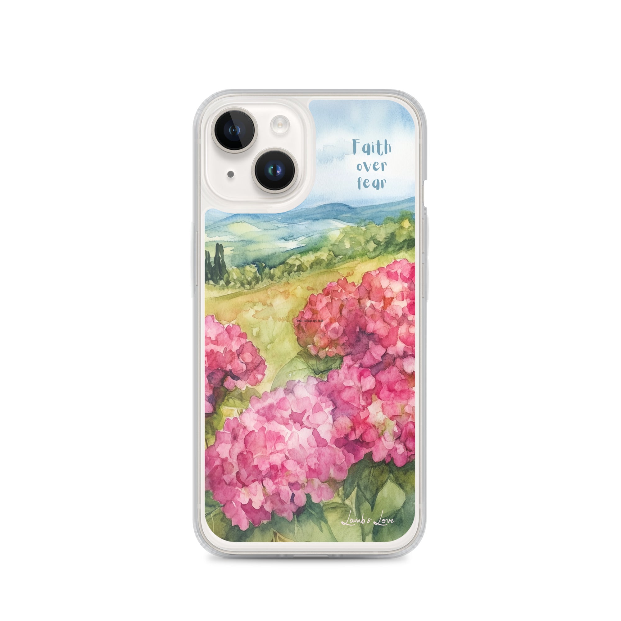 Phone case with pink flowers and a scenic landscape design on a white background
