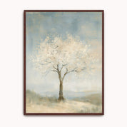 Faithful to His Word Christian botanical wall art showing an almond tree with pale blossoms beneath a muted blue-gray sky, in a dark wood frame.