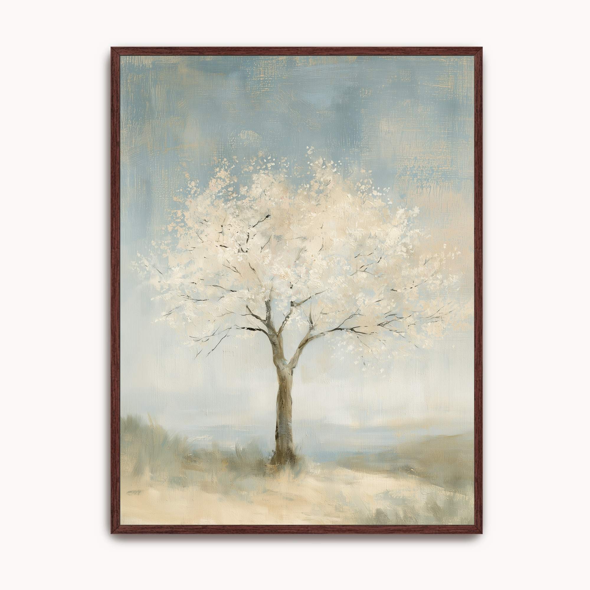 Faithful to His Word Christian botanical wall art showing an almond tree with pale blossoms beneath a muted blue-gray sky, in a dark wood frame.