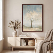 Framed Faithful to His Word almond blossom tree Christian wall art above a light wood console with books and a vase beside a chair with a knitted throw.