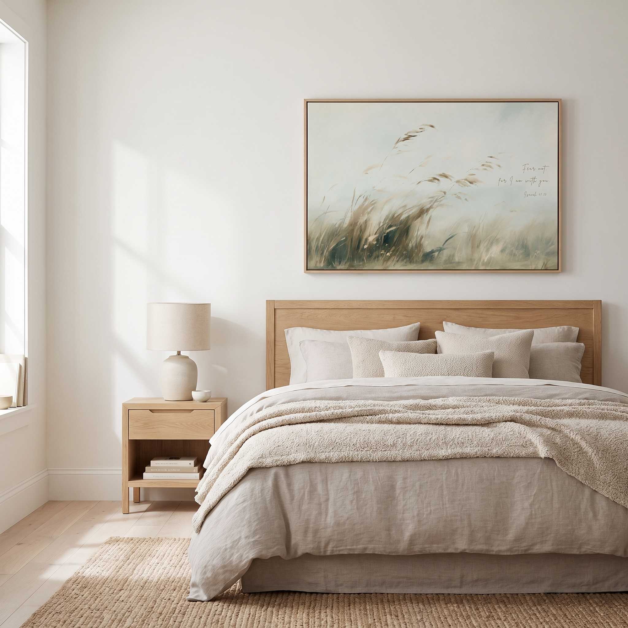 Framed vintage Isaiah 41:10 landscape canvas wall art hanging above a light wood bed in a soft organic modern bedroom.