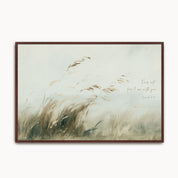 Vintage Isaiah 41:10 landscape framed canvas wall art featuring windswept tall grasses in a misty field, handwritten scripture script, and an espresso wood frame.