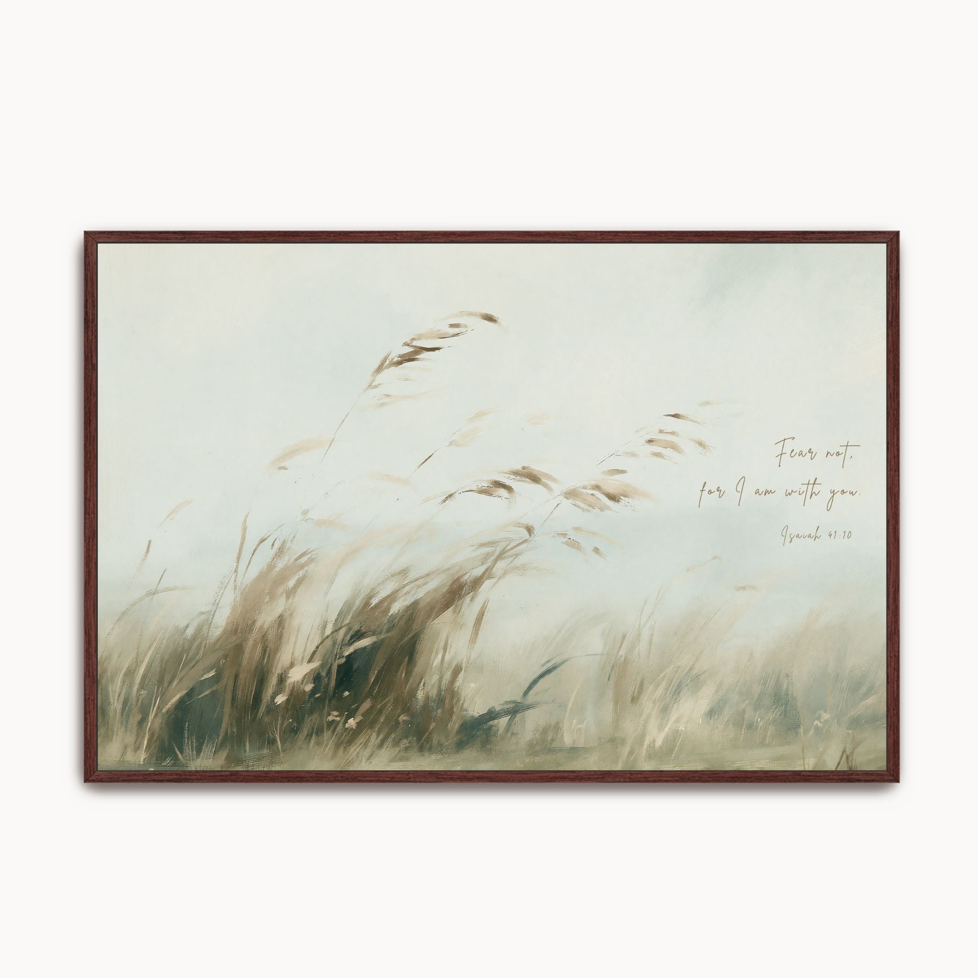 Vintage Isaiah 41:10 landscape framed canvas wall art featuring windswept tall grasses in a misty field, handwritten scripture script, and an espresso wood frame.
