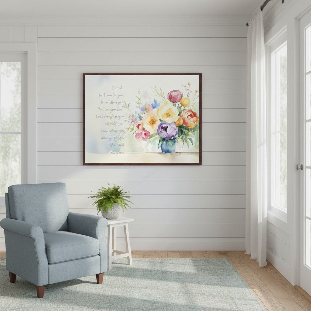 Blooming peonies scripture art print of Isaiah 41:10 displayed on a warm-toned wall, symbolizing courage and divine comfort.