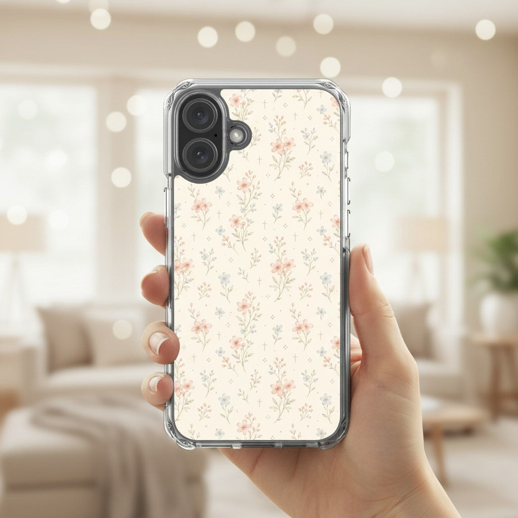 Floral Cross Christian iPhone case featuring soft neutral watercolor wildflowers with subtle cross details held in hand in a warm cozy living room setting with elegant feminine Christian aesthetic