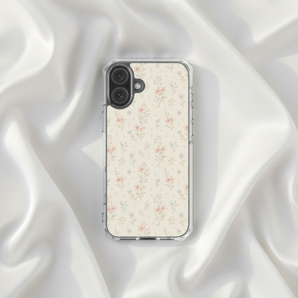 Floral Cross Christian iPhone case featuring delicate neutral watercolor wildflowers with subtle Christian cross details displayed on elegant soft white silk fabric in a feminine minimalist aesthetic setting