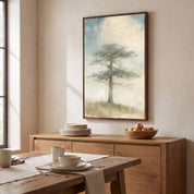 Framed Flourish in His Presence cedar of Lebanon Christian wall art above a wooden dining room sideboard with stacked plates and a fruit bowl.