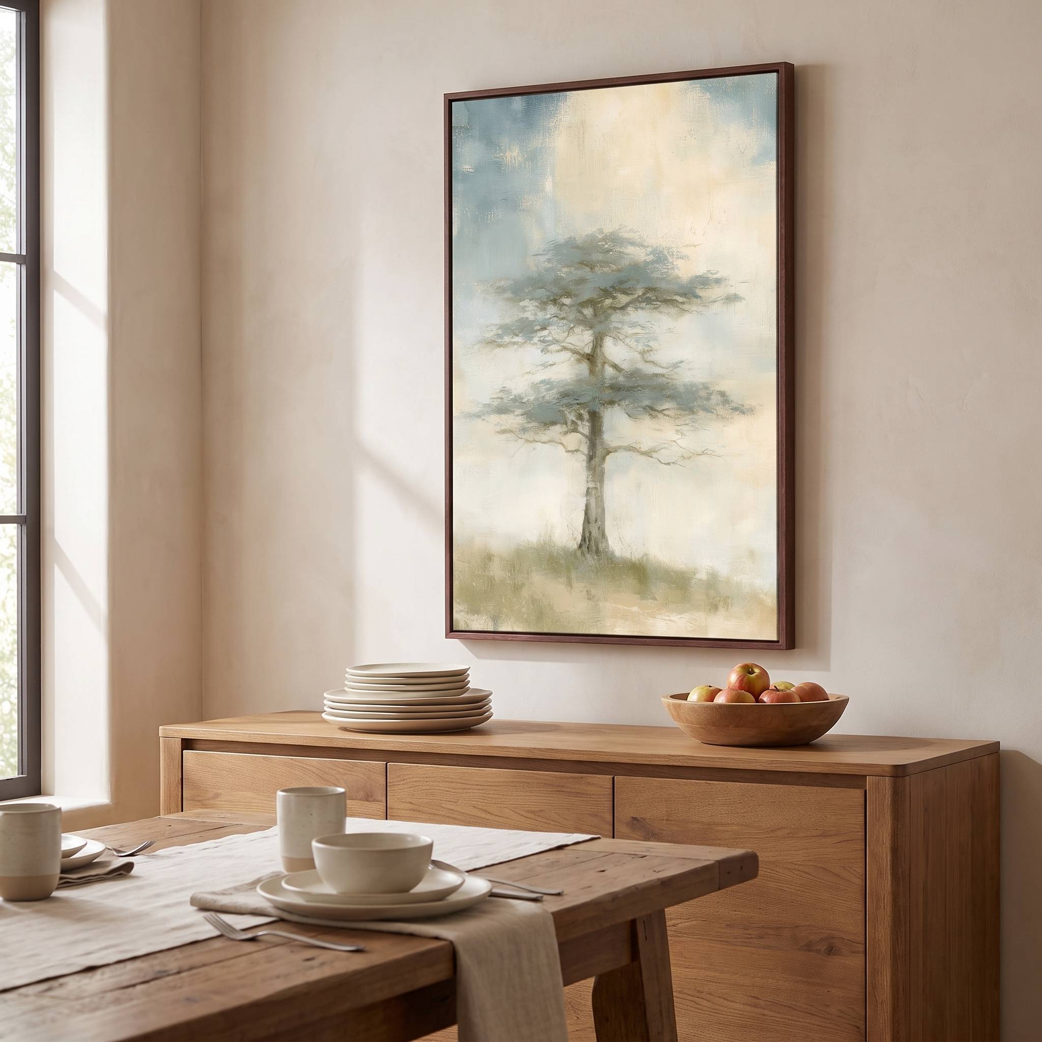 Framed Flourish in His Presence cedar of Lebanon Christian wall art above a wooden dining room sideboard with stacked plates and a fruit bowl.