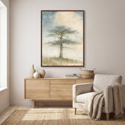 Framed Flourish in His Presence cedar tree Christian wall art above a light wood cabinet with pottery and books beside a beige armchair in a Scandinavian living room.