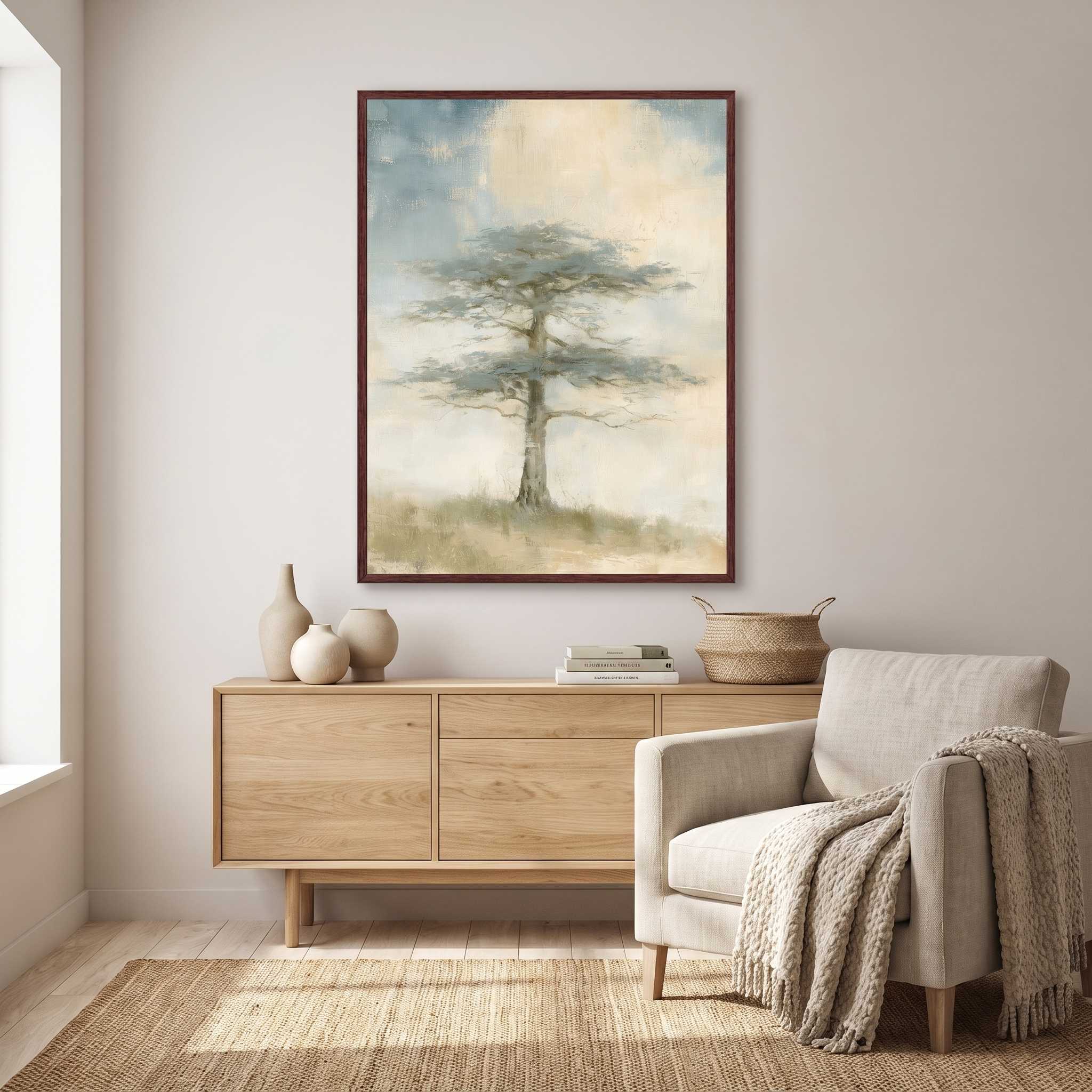 Framed Flourish in His Presence cedar tree Christian wall art above a light wood cabinet with pottery and books beside a beige armchair in a Scandinavian living room.
