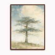 Flourish in His Presence Christian botanical wall art showing a cedar of Lebanon with layered spreading branches beneath a soft blue and cream sky, in a dark wood frame.