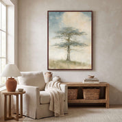 Flourish in His Presence cedar of Lebanon Christian wall art in a dark wood frame above a console with woven baskets beside a cream armchair and table lamp.