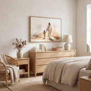 Jesus walking hand in hand with a child in watercolor Christian wall art, displayed above a dresser in a warm neutral bedroom.