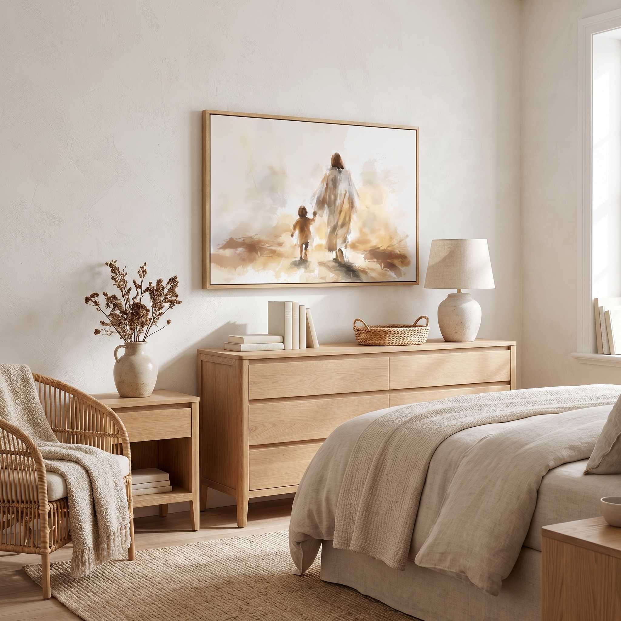 Jesus walking hand in hand with a child in watercolor Christian wall art, displayed above a dresser in a warm neutral bedroom.