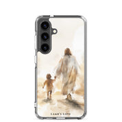 Christian Samsung Galaxy S24 phone case showing Jesus holding the hand of a child symbolizing follow Jesus faith journey