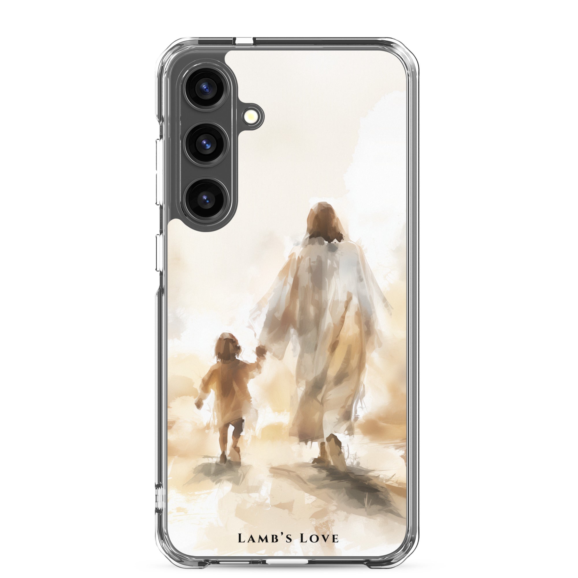 Christian Samsung Galaxy S24 Plus phone case showing Jesus holding the hand of a child symbolizing follow Jesus faith journey
