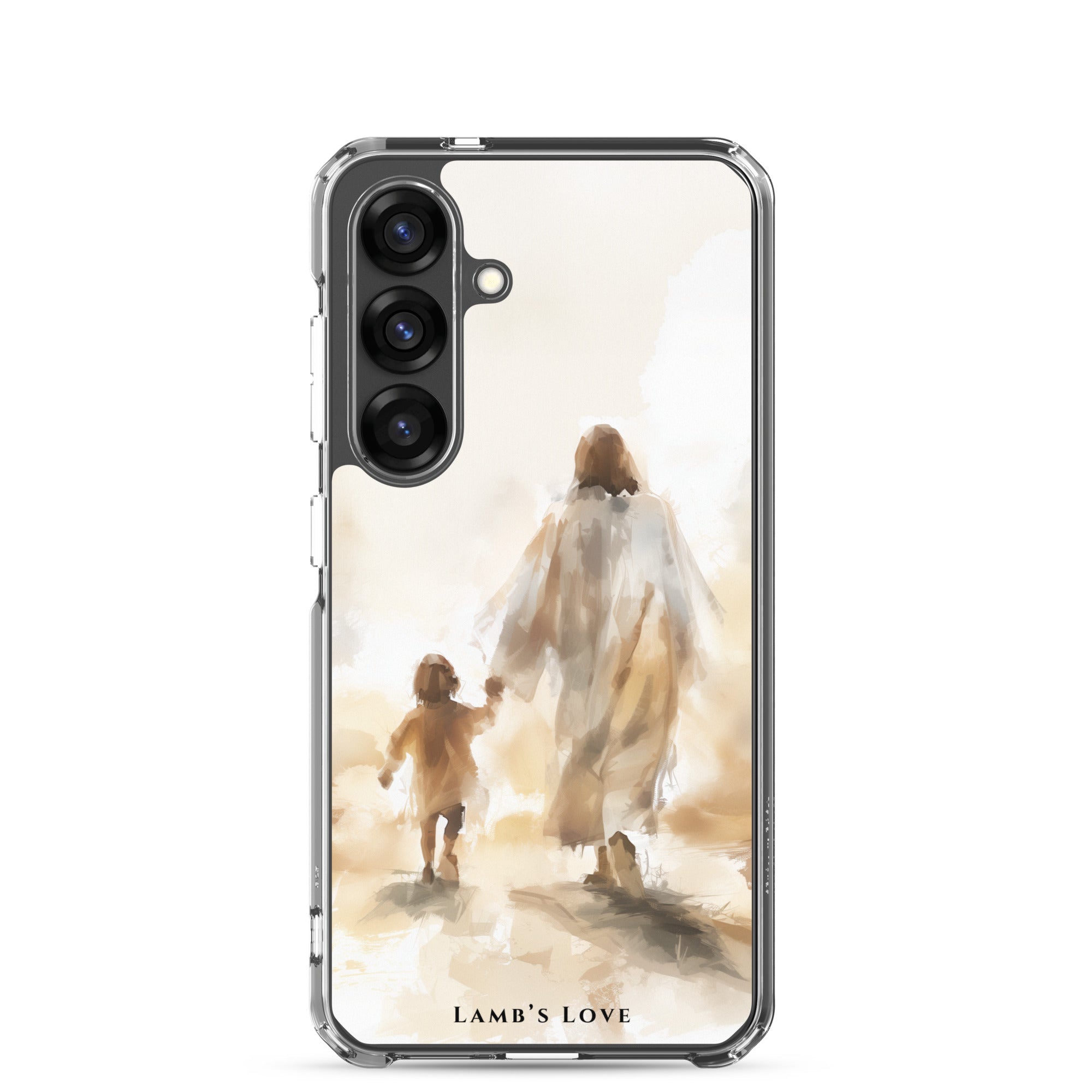 Christian Samsung Galaxy S25 phone case showing Jesus holding the hand of a child symbolizing following Jesus and walking in faith
