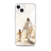 A Christian iPhone case featuring a watercolor illustration of Jesus and a child. The case is transparent, showcasing the artwork behind the phone's camera and buttons.