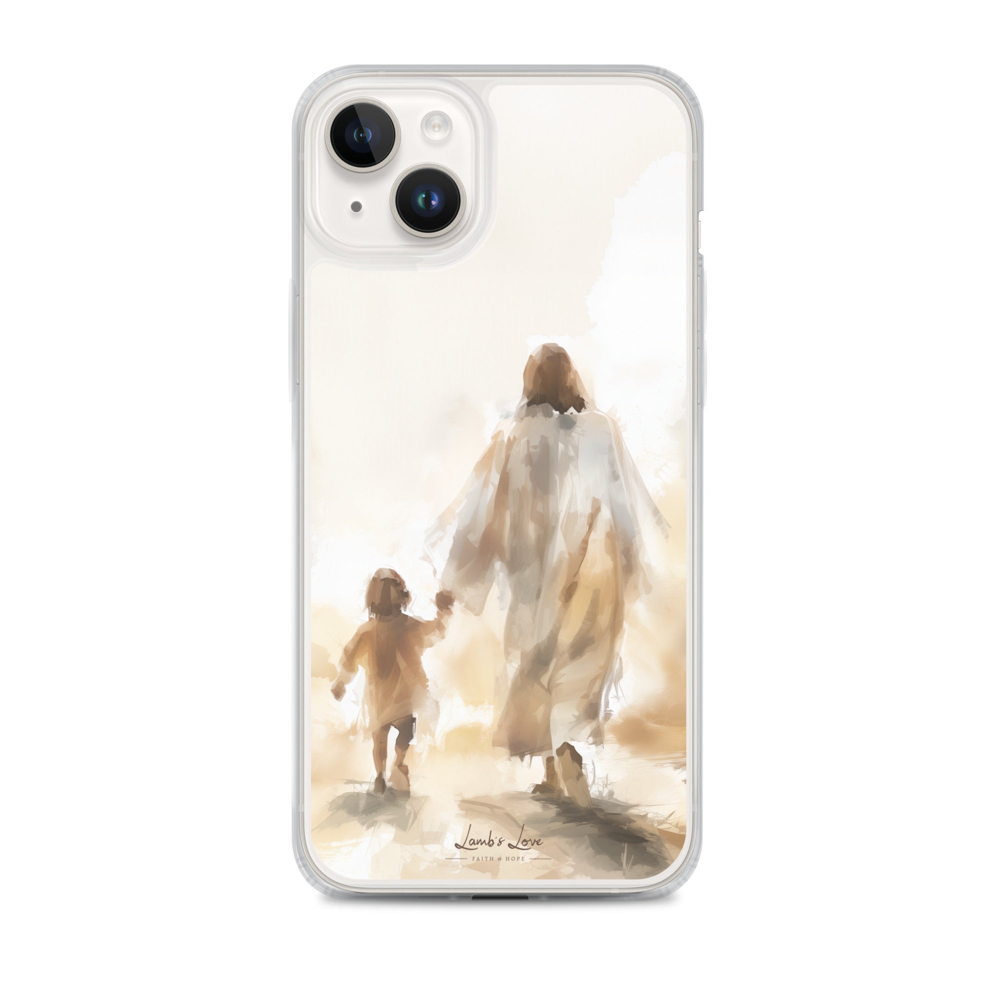 A Christian iPhone case featuring a watercolor illustration of Jesus and a child. The case is transparent, showcasing the artwork behind the phone's camera and buttons.