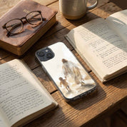 Jesus Phone case with a design of two people walking on a wooden table with books and glasses.