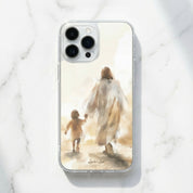 Phone case with a design of Jesus and child holding hands on a textured white background